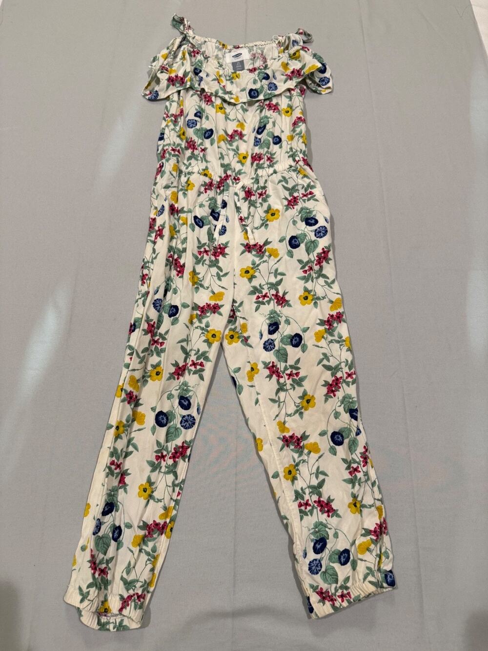 Old Navy Girls Jumpsuit Size 6-7 S Floral Ruffle Cold Shoulder Long Pants